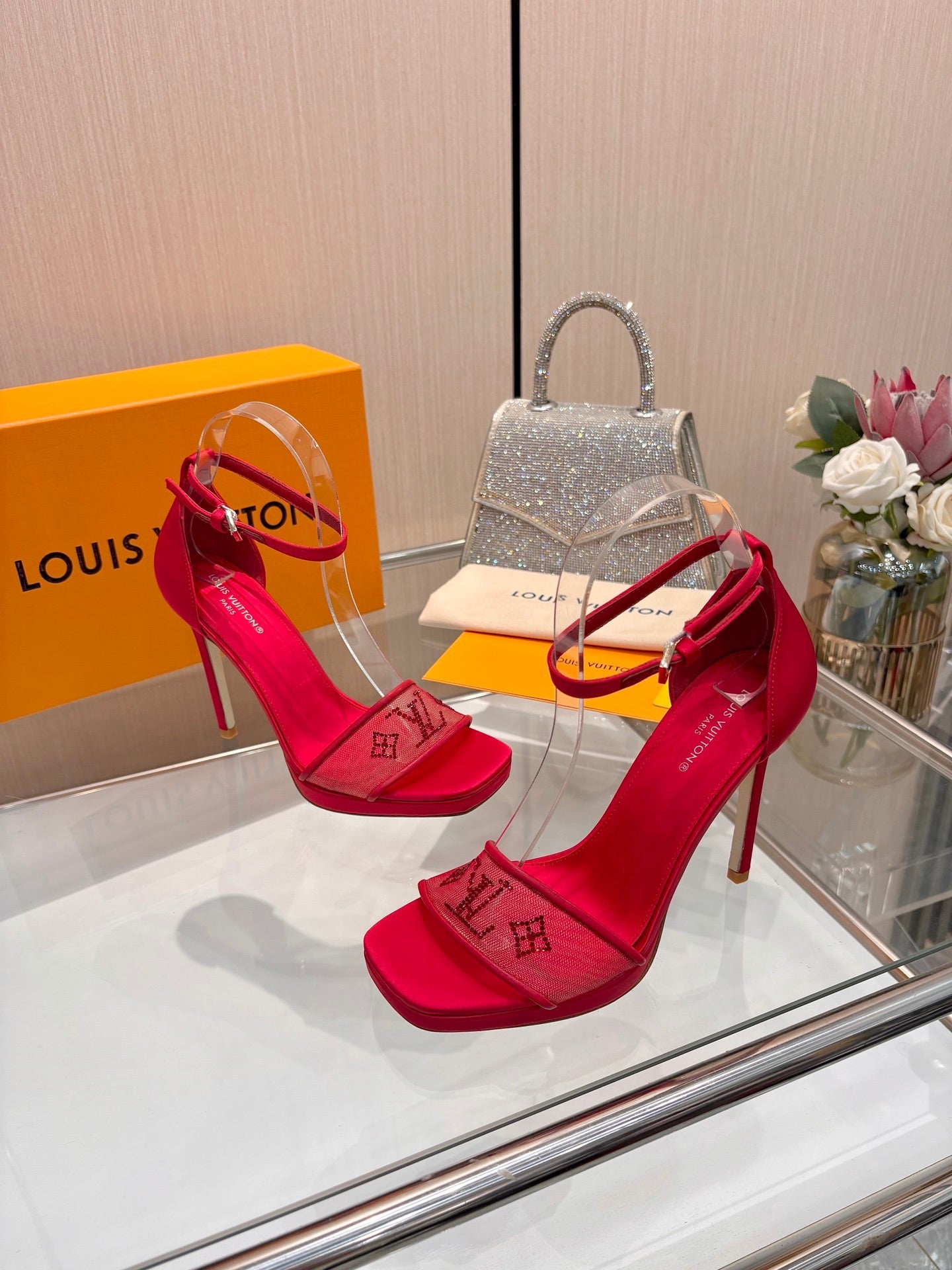 LV 26S HIGH HEEL SANDALS 110 MM IN RED FABRIC AND LAMBSKIN