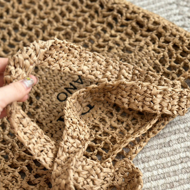 BLACK EMBROIDED LOGO TOTE BAG 40 IN BROWN WOVEN RAFFIA