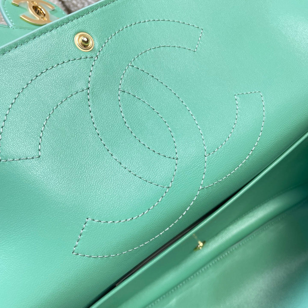 CHANEL 26S CLASSIC FLAP 33 IN MINT GREEN SUEDE