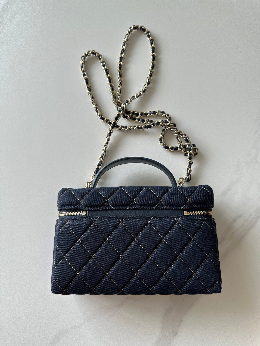 CHANEL 25S VANITY CLASSIC FLAP 17 IN DARK BLUE QUILTED DENIM GOLD HARDWARE