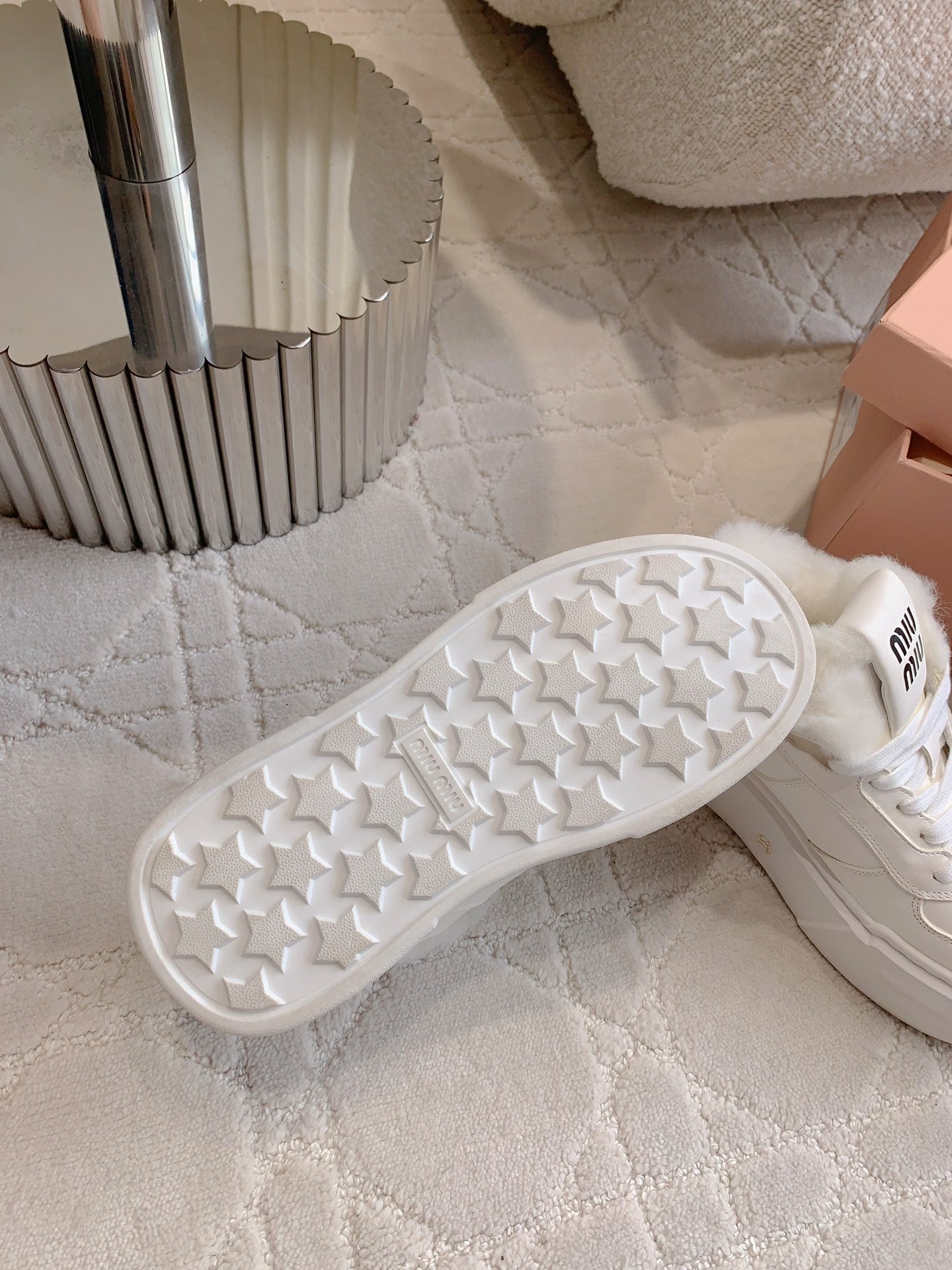 THICK SOLE SNEAKERS IN WHITE LAMBSKIN WITH RABBIT FUR LINING