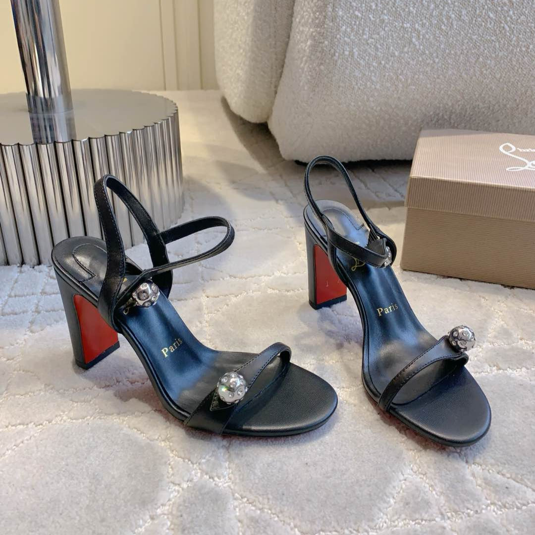 MISS JANE SANDAL 90MM IN BLACK CALFSKIN EMBELLISHED BALL