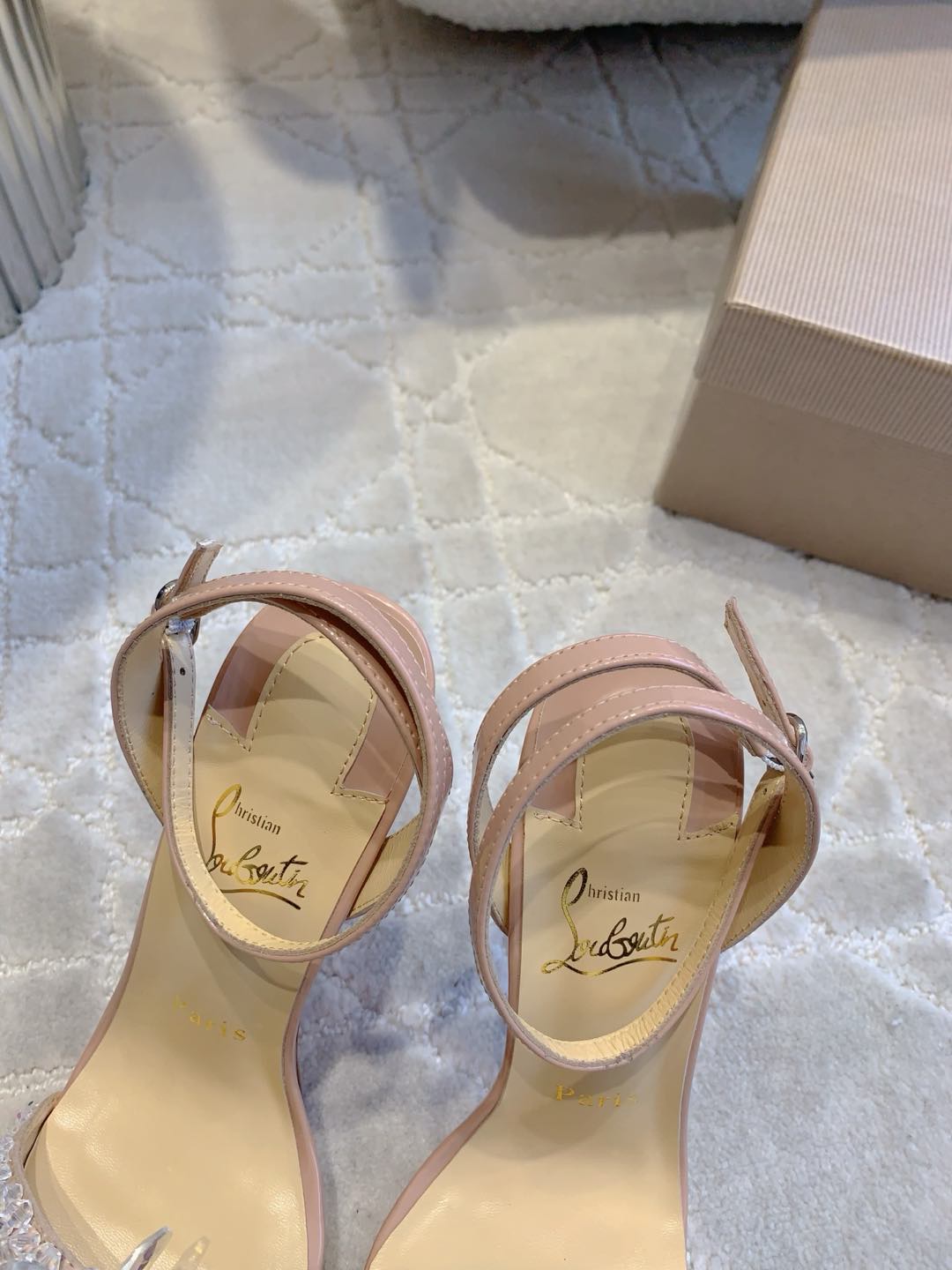 CRYSTAL QUEEN SANDAL 100MM IN NUDE CALFSKIN EMBELLISHED