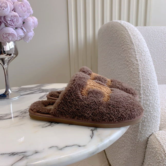 CELINE 26S MULES WITH LOGO IN DARK BROWN WOOL
