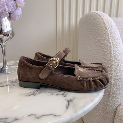MIUMIU 26S LOAFERS IN BROWN SUEDE WITH STRAP