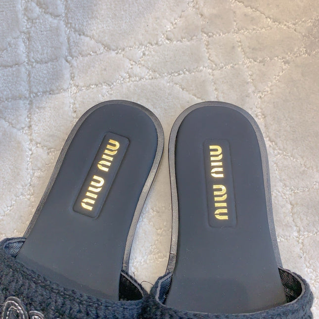 MIUMIU 26S SLIDE SANDALS IN BLACK CALFSKIN AND WOOL