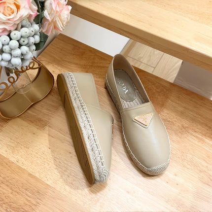 PRADA 26S LOGO ESPADRILLE SLIP ON FLATS IN DARK BEIGE CALFSKIN