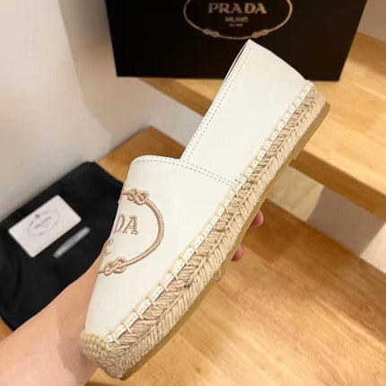 PRADA 26S EMBROIDERED LOGO ESPADRILLE FLATS IN WHITE CALFSKIN