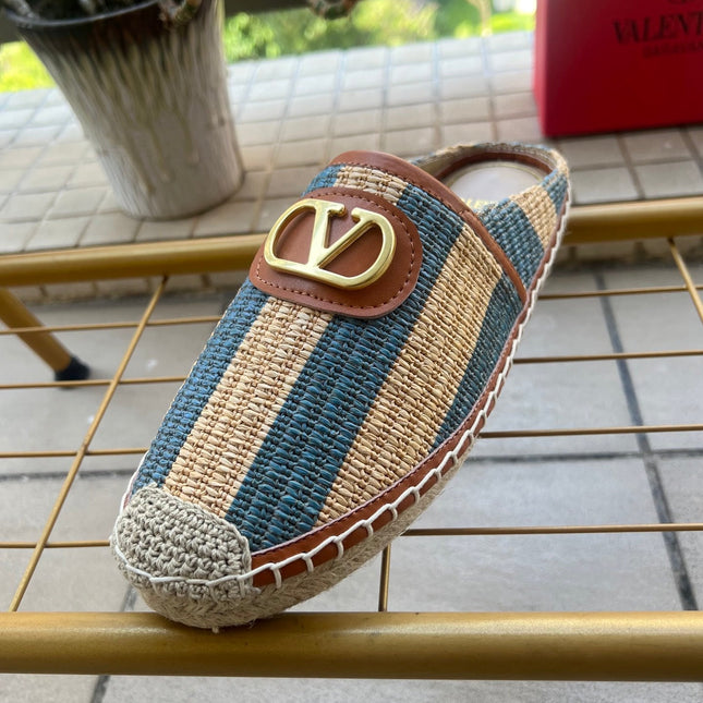 VALENTINO 26S ESPADRILLE MULES IN BLUE AND BEIGE RAFFIA
