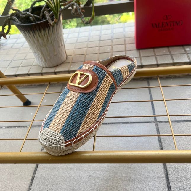 VALENTINO 26S ESPADRILLE MULES IN BLUE AND BEIGE RAFFIA