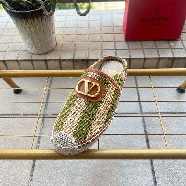VALENTINO 26S ESPADRILLE MULES IN GREEN AND BEIGE RAFFIA