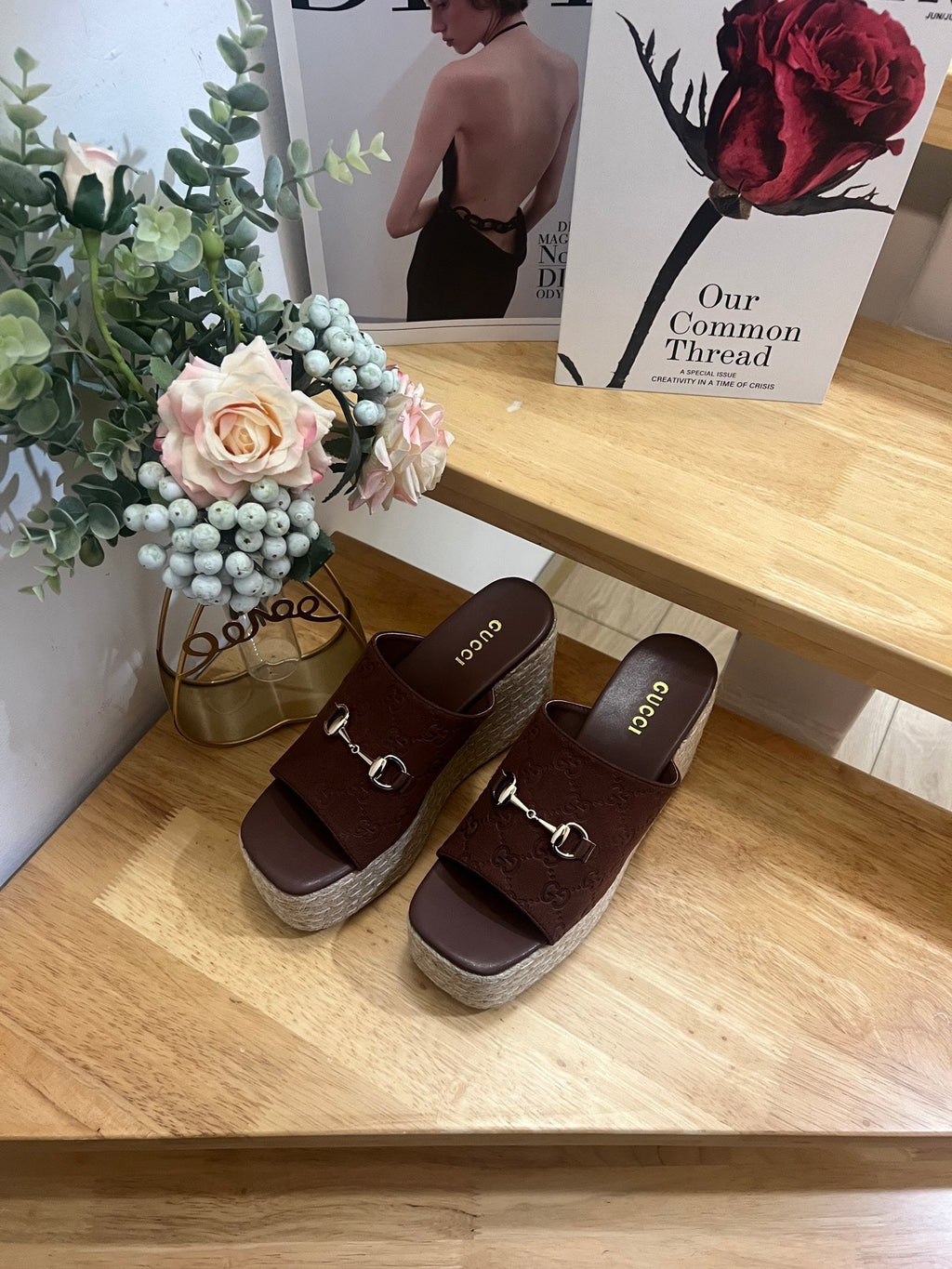 GUCCI 26S WEDGE SANDALS 100 MM IN BROWN SUEDE