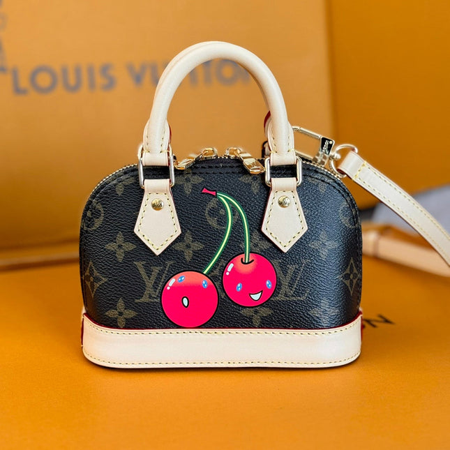 LV 25S NANO ALMA 18 IN DARK BROWN CANVAS MONOGRAM CHERRY PRINT GOLD HARDWARE
