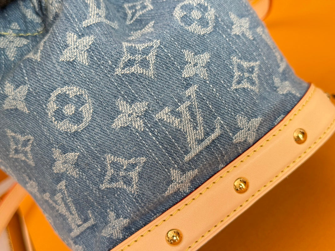 LV 25S NANO NOÉ 20 IN BLUE DENIM MONOGRAM LEATHER TRIM GOLD HARDWARE