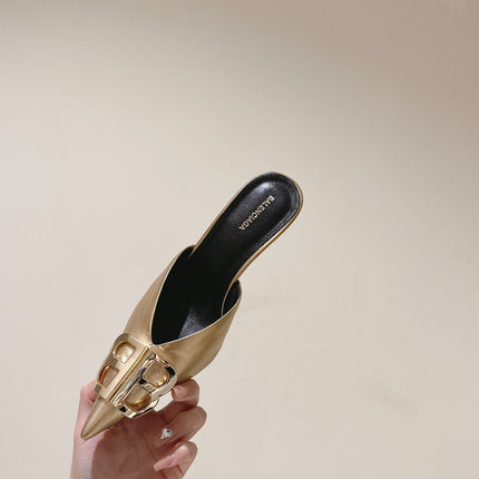 POINTED BB GOLD BUCKLE HIGH MULES IN GOLD METALLIC CALFSKIN