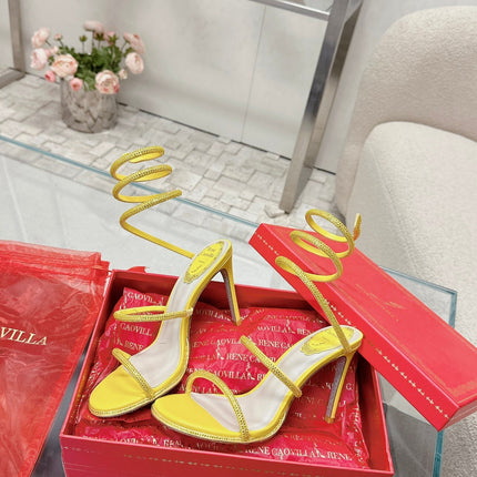 RENE CAOVILLA 26S STILETTO SANDALS 95 MM IN YELLOW LAMBSKIN