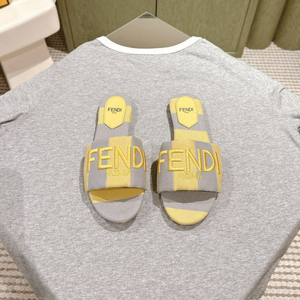 FENDI 26S SLIDE SANDALS IN YELLOW AND GREY CANVAS