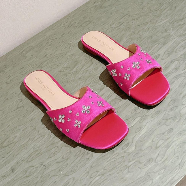 LV WOMEN FLAT MULE IN DEEP PINK SATIN WITH RHINESTONE