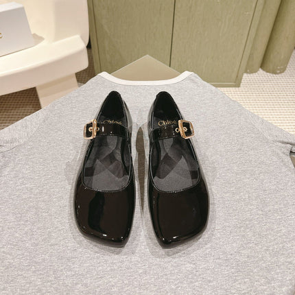 CHLOÉ 26S MARY JANE FLATS IN BLACK GLOSSY CALFSKIN
