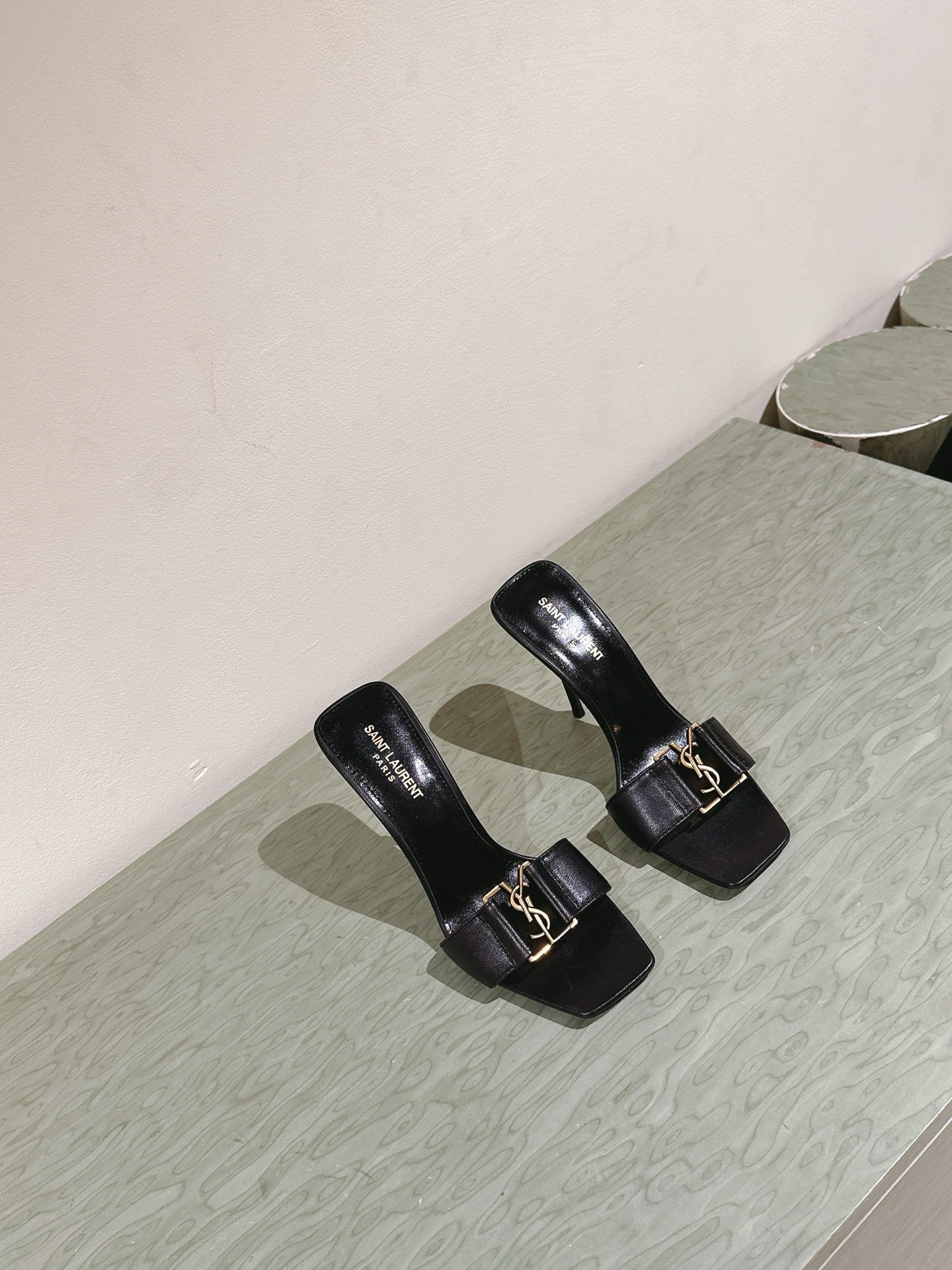 YSL 25S SQUARE-TOE HIGH-HEEL SANDALS 100 MM IN BLACK LAMBSKIN WITH GOLD HARDWARE