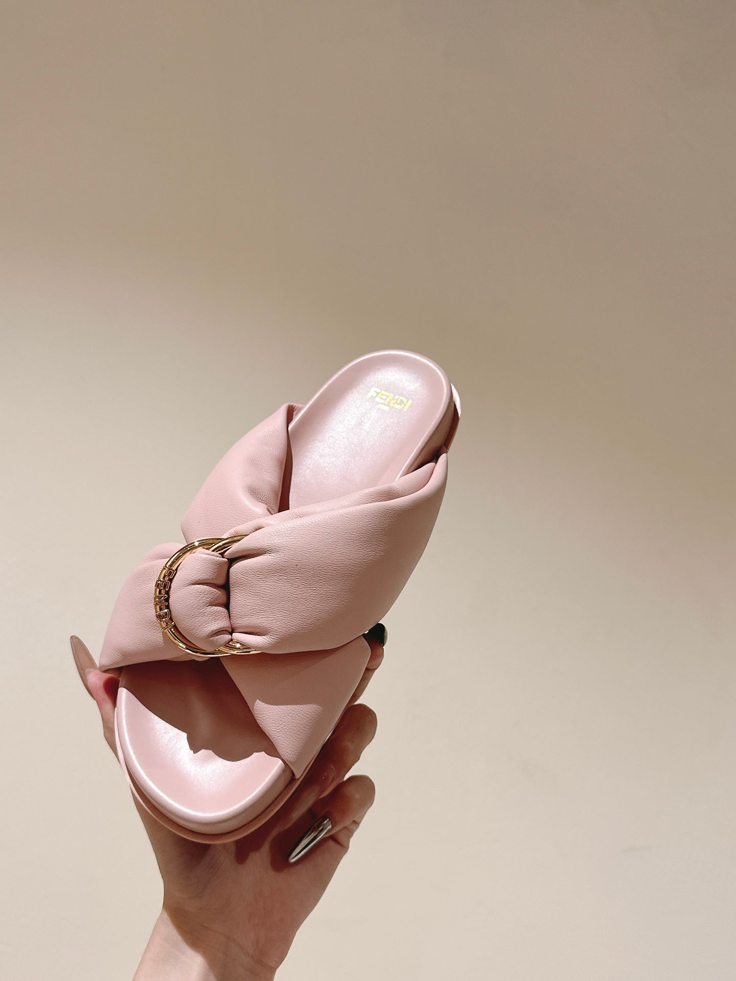 FENDI 26S WIDE CROSS-STRAP SANDALS IN LIGHT PINK LAMBSKIN