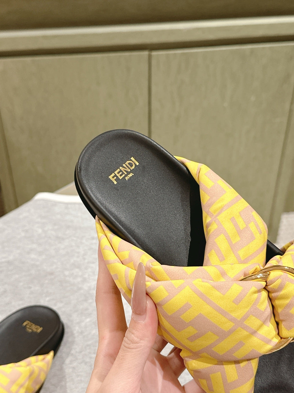 FENDI 26S WIDE CROSS-STRAP SANDALS IN YELLOW FABRIC