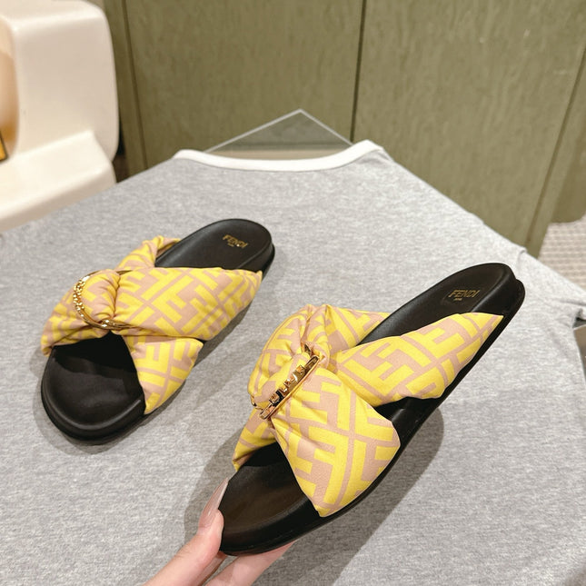 FENDI 26S WIDE CROSS-STRAP SANDALS IN YELLOW FABRIC