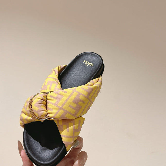 FENDI 26S WIDE CROSS-STRAP SANDALS IN YELLOW FABRIC