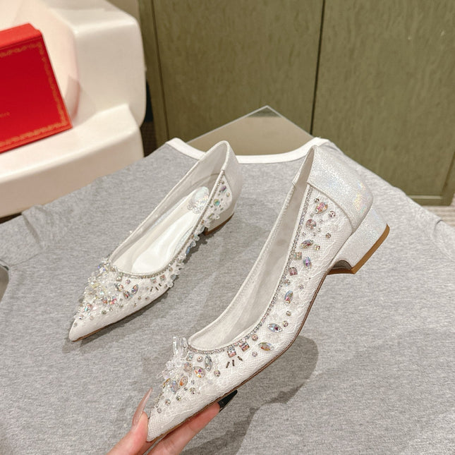 RENE CAOVILLA 26S BALLET FLATS IN WHITE LACE FABRIC CRYSTAL EMBELLISHED