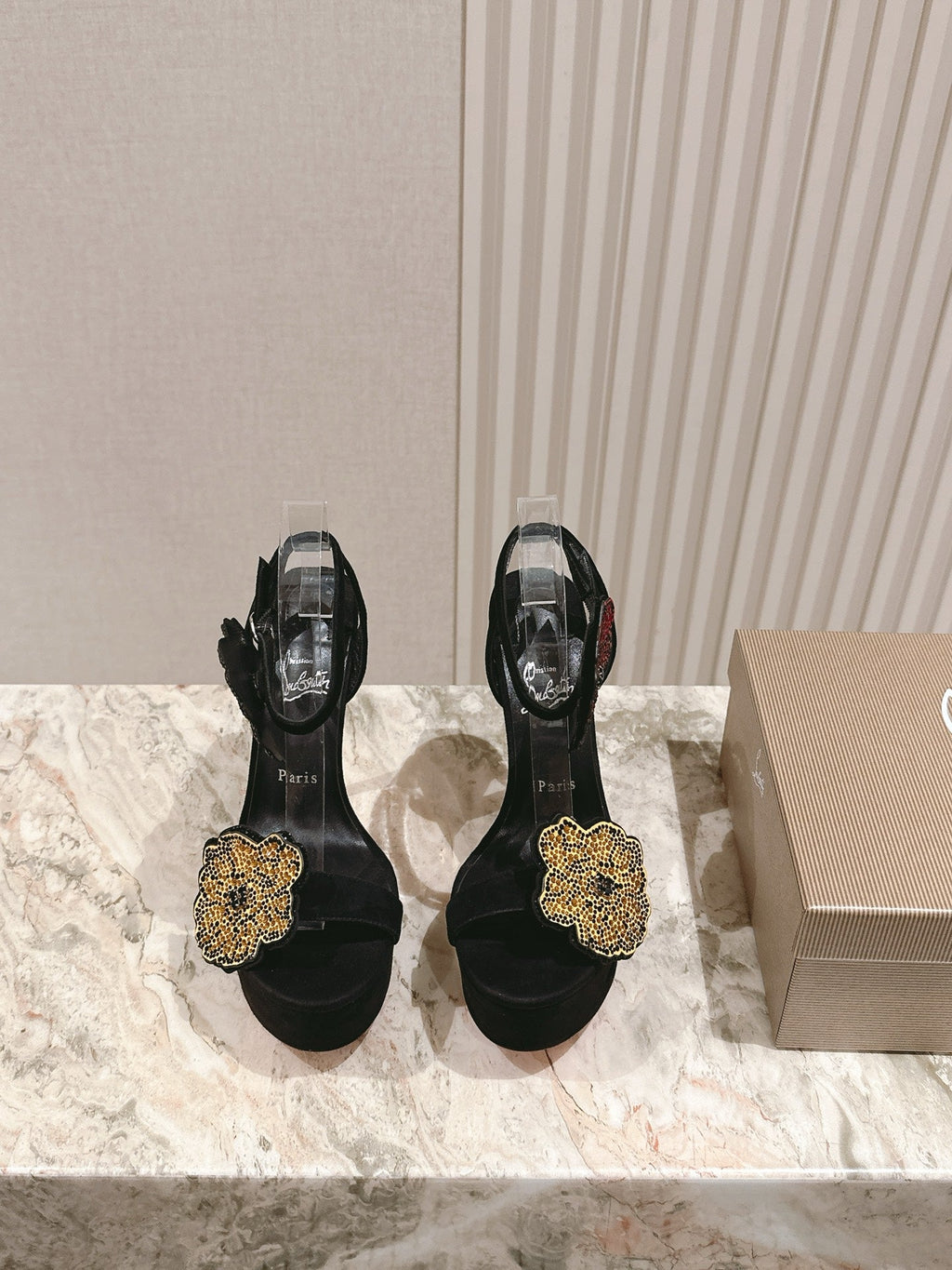BEADED FLORAL EMBELLISHED STRAPPY SANDALS 135MM IN BLACK VELVET MIX CALFSKIN