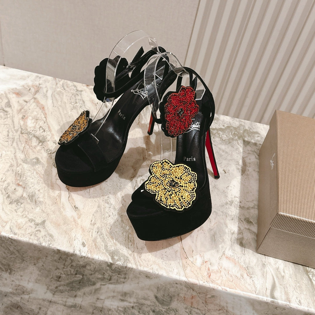 BEADED FLORAL EMBELLISHED STRAPPY SANDALS 135MM IN BLACK VELVET MIX CALFSKIN