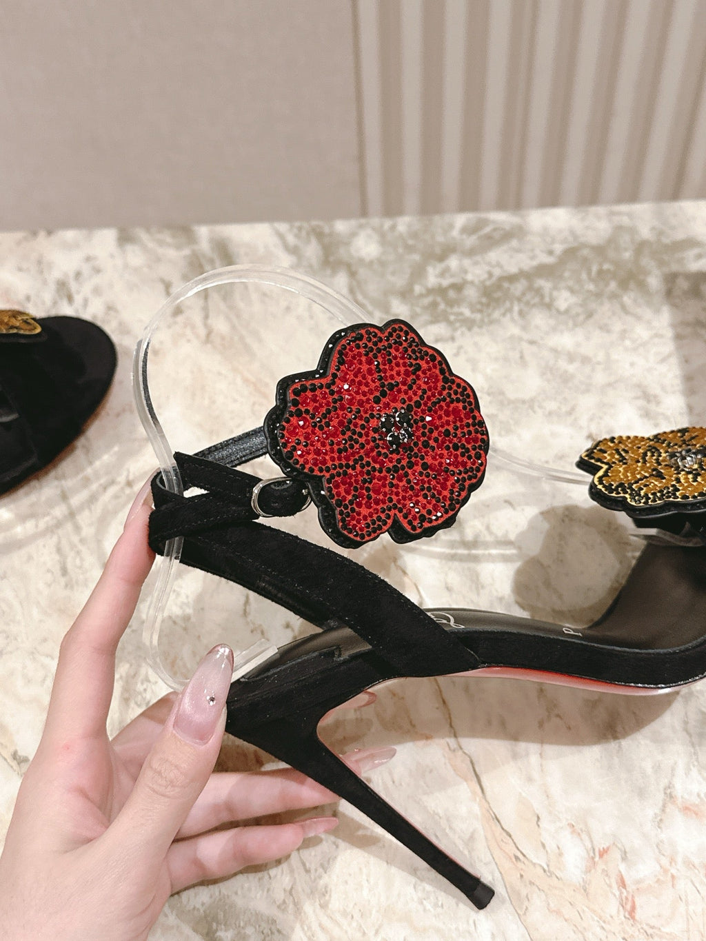 BEADED FLORAL EMBELLISHED SANDALS 135MM IN BLACK VELVET MIX CALFSKIN