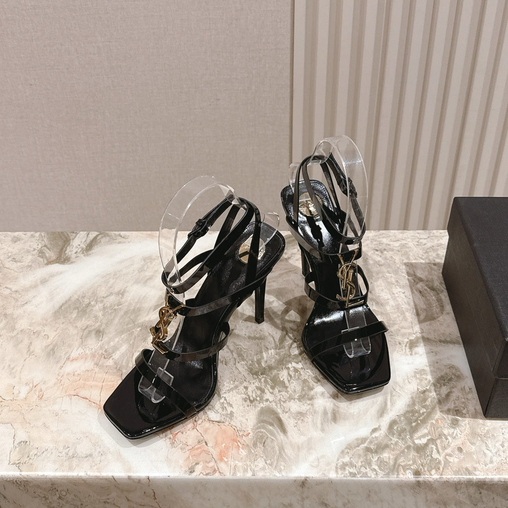 YSL 25S STILETTO HIGH-HEEL SANDALS 100 MM IN BLACK LAMBSKIN WITH GOLD HARDWARE