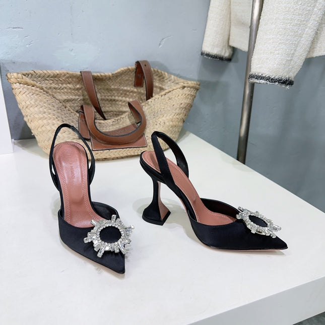 AMINA CRYSTAL HIGH HEELS 100MM IN BLACK SATIN