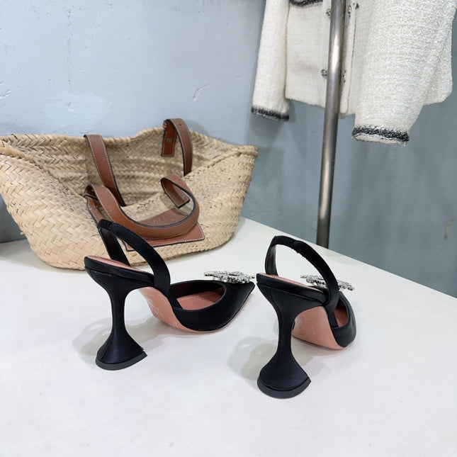 AMINA CRYSTAL HIGH HEELS 100MM IN BLACK SATIN