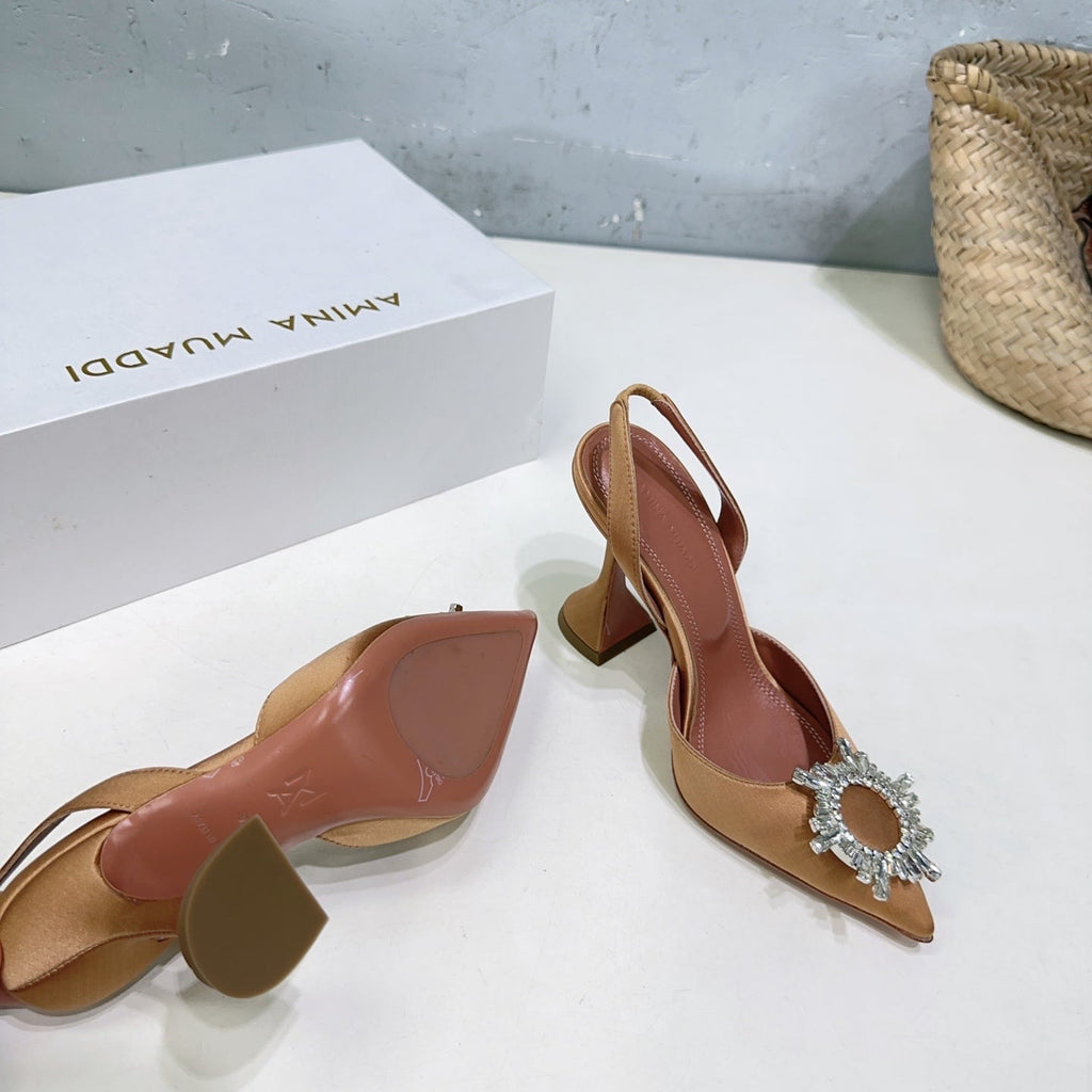 AMINA CRYSTAL HIGH HEELS 100MM IN BROWN SATIN