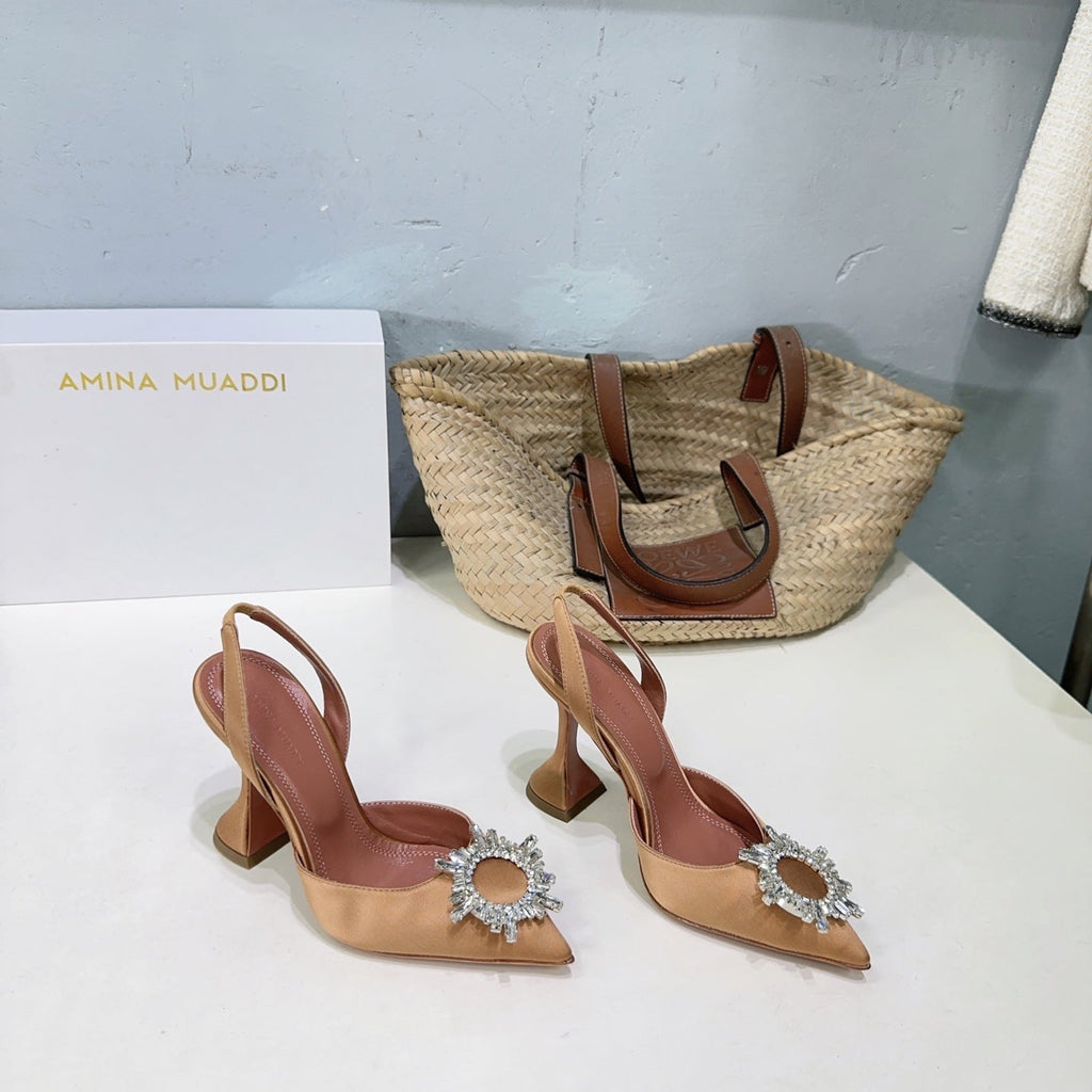 AMINA CRYSTAL HIGH HEELS 100MM IN BROWN SATIN
