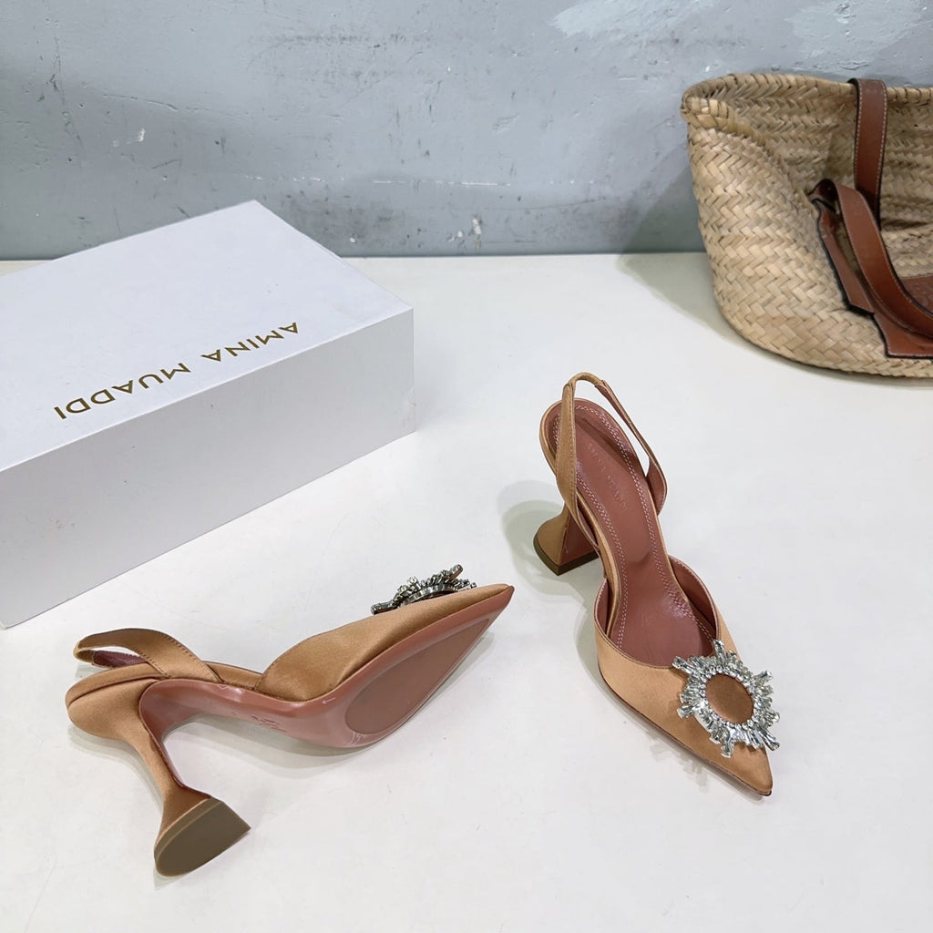 AMINA CRYSTAL HIGH HEELS 100MM IN BROWN SATIN