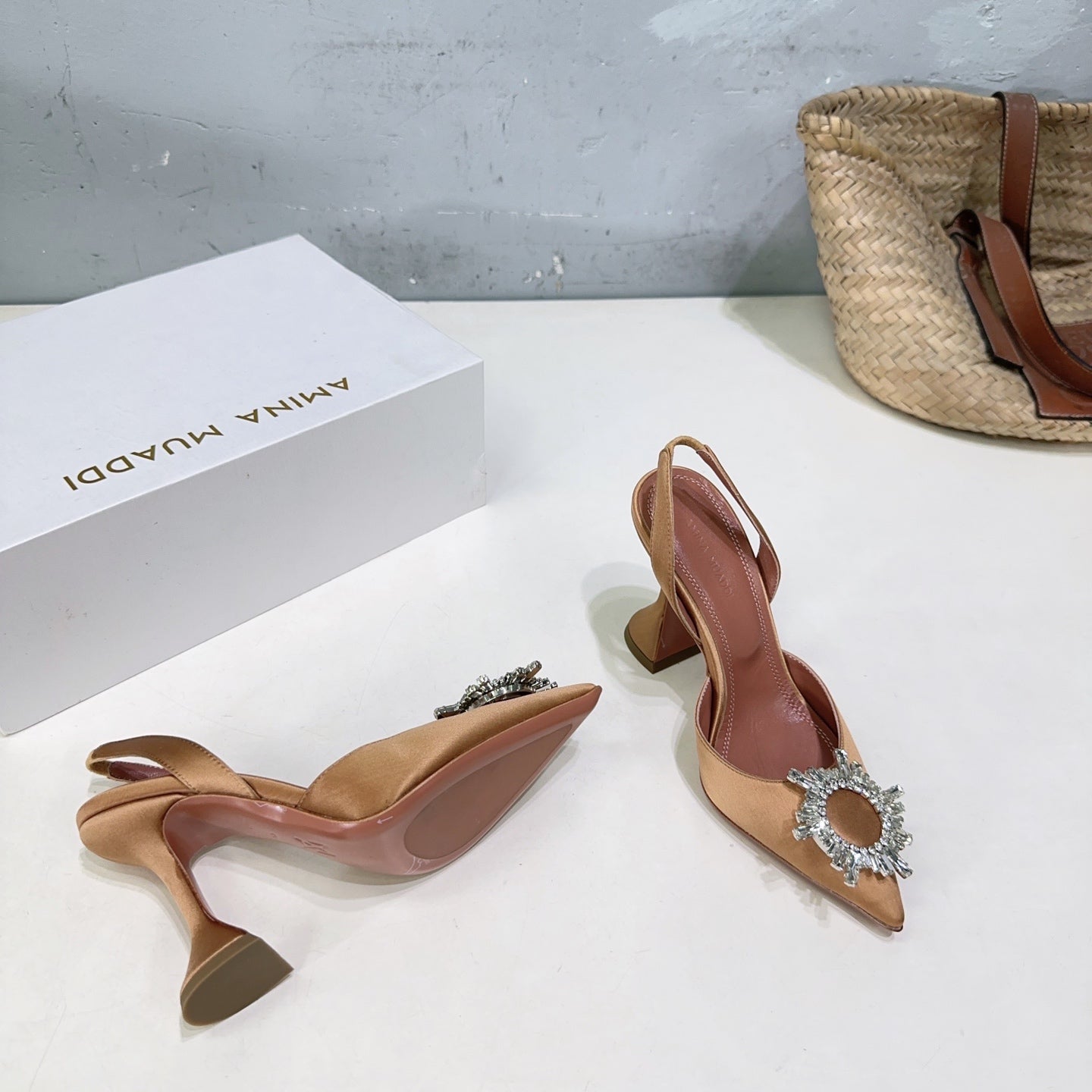 AMINA CRYSTAL HIGH HEELS 100MM IN BROWN SATIN
