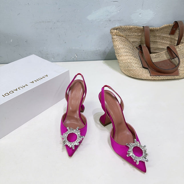 AMINA CRYSTAL HIGH HEELS 100MM IN PINK SATIN