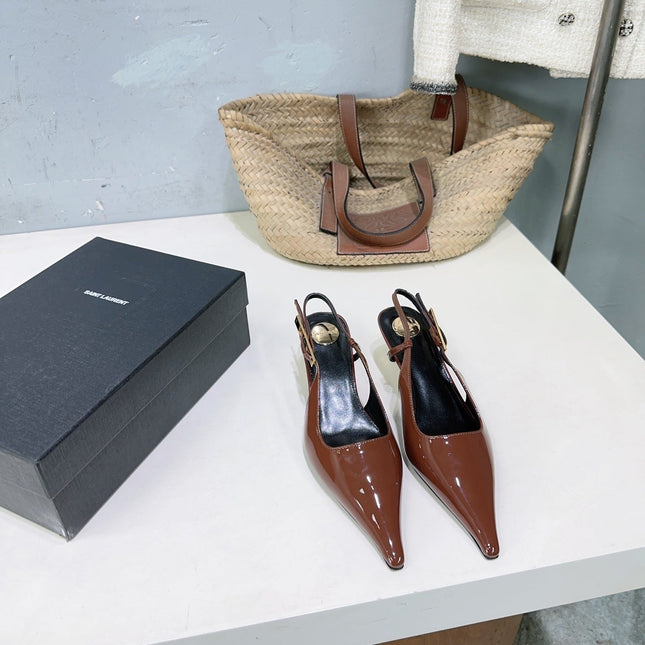 YSL 26S SLINGBACK HEELS 65 MM IN BROWN CALFSKIN