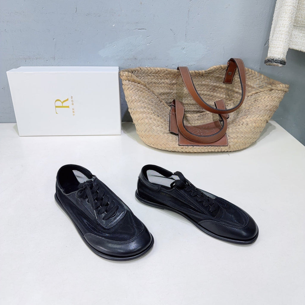 THE ROW 26S LACE UP SNEAKERS IN BLACK CALFSKIN AND MESH