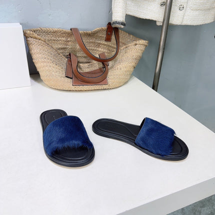 THE ROW 26S SLIDES SANDALS IN BLUE MINK FUR AND BLACK CALFSKIN