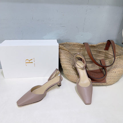 THE ROW 26S SQUARE TOE SLINGBACK HEELS 45MM IN MUTED TAUPE PINK CALFSKIN