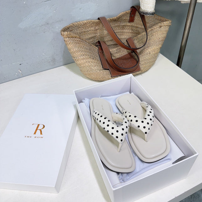 THE ROW 26S THONG SANDALS IN IVORY WHITE CALFSKIN & POLKA DOT CALF HAIR STRAPS