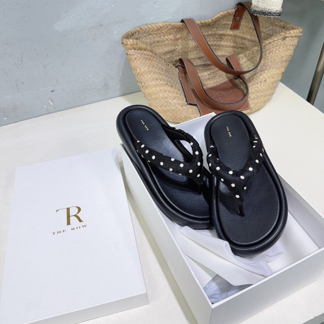 THE ROW 26S THONG SANDALS IN BLACK CALFSKIN & POLKA DOT CALF HAIR STRAPS