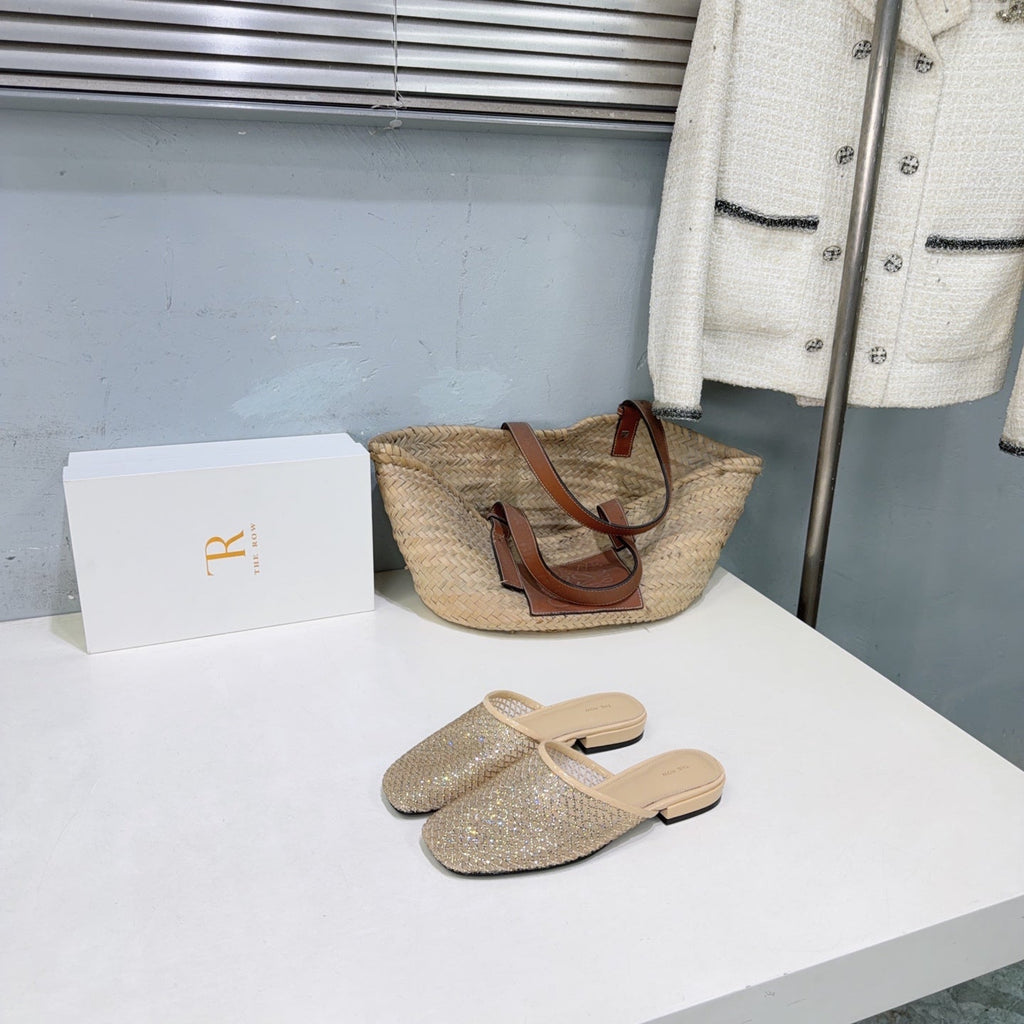 THE ROW 26S MULE FLATS IN BEIGE MESH FABRIC