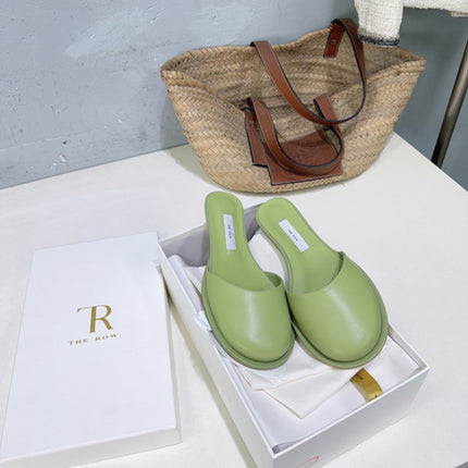 THE ROW 26S ROUND TOE MULE FLATS IN SAGE GREEN SMOOTH CALFSKIN