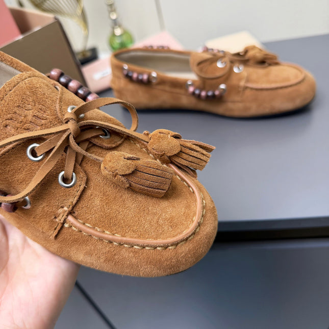 MIUMIU 26S TASSEL LOAFERS IN CARAMEL BROWN SUEDE BEADED TRIM
