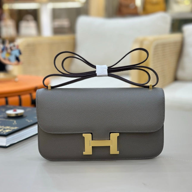 HM 25S CONSTANCE ELAN 24 CM IN DARK GREY EPSOM WITH GOLD HARDWARE